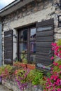 Window with wooden shutters. Flowers on the windowsill. An old European house. Royalty Free Stock Photo