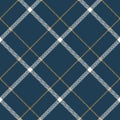 Windowpane plaid pattern autumn in blue, gold, off white. Seamless herringbone textured check background graphic art for skirt. Royalty Free Stock Photo