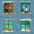 The windows of an apartment house in the evening of Christmas Royalty Free Stock Photo