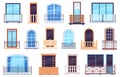 Windows and balconies. Architecture house facade elements with modern and classic balcony doors, casement frames and Royalty Free Stock Photo