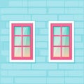 Windows on the blue brick wall background. Vector illustration cartoon style. Royalty Free Stock Photo