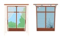 Cartoon windows. Broken and not broken windows.Vector illustration on a white background