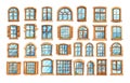 Windows cartoon vector set. Glass view composed old facade closed shutters buildings architectural elements Royalty Free Stock Photo