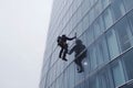 Windows cleaners at the mall. Neural network AI generated Royalty Free Stock Photo