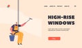 Windows Cleaning Company Landing Page Template. Washers Male Characters Wear Overalls Uniform Washing Window