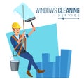 Windows Cleaning Service Vector. Window Washer Is Cleaning High Building.