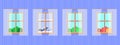 4 windows with different seasons and weather landscapes - summer, winter, spring and autumn. Flat cartoon style vector