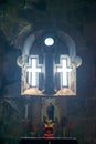 Windows in the form of a cross, view of the altar of the temple in Tatev Monastery Royalty Free Stock Photo