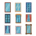 Windows frames flat. Colorful various window frame wooden and plastic with sills front view, exterior architectural house wall.