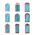 Windows frames flat. Colorful various wooden and plastic window frame with window sills, exterior architectural house