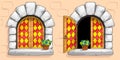 Medieval window, red stained glasses, white stones