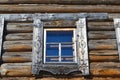 Windows of old farm house in open-air museum Malye Korely featuring the traditional wooden architecture of Arkhangelsk area Royalty Free Stock Photo