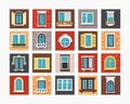 Windows. outdoor building windows frame in different styles exterior wooden elements collection. Vector isolated objects Royalty Free Stock Photo