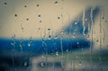 A windows pane covered with rain drops with an out of focus aircraft in the distance Royalty Free Stock Photo