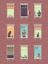 Windows with people. Opened window neighbors people communicate apartment building exterior exercising at home morning Royalty Free Stock Photo