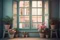 Windows with shutters and flowers in pots, pastel blue tones. AI generative