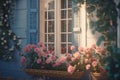 Windows with shutters and roses. AI generative