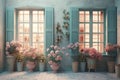 Windows with shutters and roses in pots. AI generative