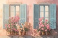 Windows with shutters and roses in pots, pastel colors. AI generative