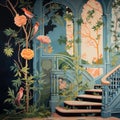Exotic Birds And Architectural Vignettes: A Vibrant Staircase Painting