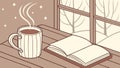 Windowside Reading: Open Book and Coffee by a Bright Cozy Window, vector design Generative AI Royalty Free Stock Photo