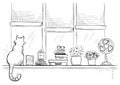 Windowsill with home love objects and cute cat.Hand drawn sketch