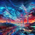 Winds turbines in the night sky. Wind energy. Vector illustration., generative ai Royalty Free Stock Photo