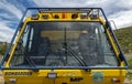The windshield of a bombardier Plus MP Snowcat parked at the Pomerelle Mountain Resort in Idaho, USA - June 10, 2022