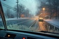 windshield wipers clearing snow, leaving streaks on glass