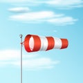 Windsock on the blue sky. Red and white airport wind flag showing wind direction and speed. Realistic illustration. Royalty Free Stock Photo