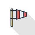 Windsock, wind weather thin line flat color icon. Linear vector symbol. Colorful long shadow design.