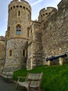 Windsor / Great Britain - November 02 2016: Walls, buildings and towers of the Windsor Castle on a sunny day