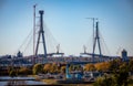 Windsor, Ontario Canada - October 22, 2023: Gordie Howe bridge under construction showing both support towers final Royalty Free Stock Photo