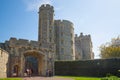 View at the medieval Windsor Castle, built 1066 by William the Conqueror. Official residence of King. Berkshire, England UK