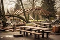 windstorm aftermath of a disrupted outdoor picnic area Royalty Free Stock Photo