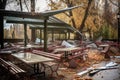 windstorm aftermath of a disrupted outdoor picnic area Royalty Free Stock Photo