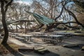 windstorm aftermath of a disrupted outdoor picnic area Royalty Free Stock Photo