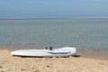 Windsurf board on a golden beach. The concept of a beach holiday and a healthy lifestyle Royalty Free Stock Photo