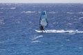Windsurfer on a board under a sail against the background of the sea, wind and waves.