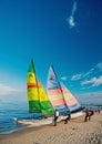 Windsurfer or man sportsman surfs and sails on board Royalty Free Stock Photo