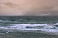 Windsurfer racing through the foamy waves of a stormy sea during sunset Royalty Free Stock Photo