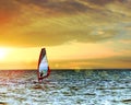 Windsurfer in the sea with a scenic sunset sky. Toned, lens sun flare. Active sport vacation concept Royalty Free Stock Photo