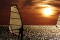 Windsurfer silhouette against a sunset background