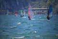 Windsurfers at the European windsurfspot Lake Garda,Torbole, Italy