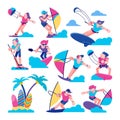 Windsurfers Happy people kitesurfers sailor characters in the sea flat line vector illustration. Kitesurfers and