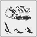 Windsurfing emblem and label.Set of different surfboards. Vector illustration. Surfing emblems, icons and labels.Set of surfing em