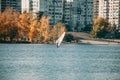 Windsurfing on the lake in Autumn