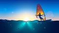 Windsurfing. sea landscape and clear sky. Man Windsurfer on the Board with a sail floating on the sea at sunset Royalty Free Stock Photo