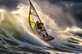 Windsurfing on a stormy ocean. 3D Rendering, Storm rider in Haifa, windsurfer performing extreme tricks on huge waves, AI