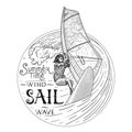 Windsurfing vector icon. black and white illustration, with an inscription. surfer on the wave Royalty Free Stock Photo